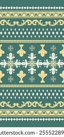 Delightful Lily Petals Scroll Ornament Vintage Yellow and White Geometric Decoration on Deep Green Background. Luxury Embroidery Elaborate Seamless Border Pattern Vector for Detailed Design Manly Rich