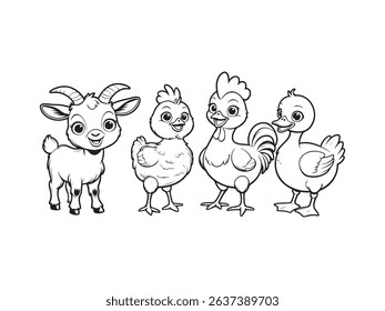 Delightful line art featuring a goat, chick, duck, and rooster are presented in this charming vector illustration.