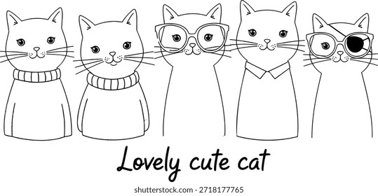 Delightful line art of five cute cats with accessories in a charming valentines style