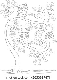 Delícia arte de linha de duas corujas noturnas em uma árvore abstrata com ramos girando e detalhes paisley, ótimo para colorir livros e atividades das crianças.
