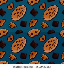 Delightful Line Cartoon Pattern Ilustração de Cookies com Chocospis e peças de bar de chocolate escuro perfeito para sobremesa e conceitos de lanche