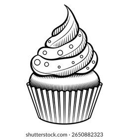 A delightful line drawing of a classic cupcake topped with swirls of frosting and decorative polka dots. This charming illustration captures the essence of sweetness and celebration, making۔