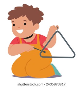 Delightful Little Child Is Engrossed In Play, Sitting On The Floor With Triangle, Exploring The Sounds With Innocent Curiosity And Joy. Boy Character at Music Class. Cartoon People Vector Illustration