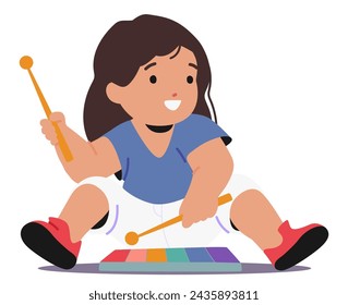 Encantador Niño Pequeño Se Sienta En El Suelo Con Un Xilófono De Arco Iris. Personaje De Niña Con Ojos Ampliamente Enfocados Golpea Suavemente Las Barras De Colores Creando Melodías Alegres. Ilustración vectorial de personas de dibujos animados