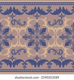 Delightful Of Luxury Opulence Medieval Design with Royal Blue Gold Scroll Ornament Elaborate Nature Inspired Leaves Buds Florals Wine On Light Brown Background Elegance Border Pattern for Silk Apparel