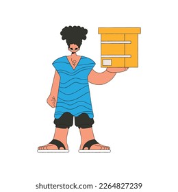 Delightful man holding a box. Parcel and cargo transportation.
