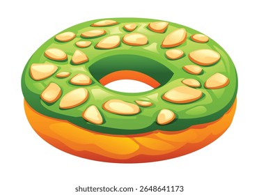 Delícia rosquinha matcha fosco adornada com coberturas de amêndoa, nozes e sobremesa doce. Ilustração de desenho animado vetorial