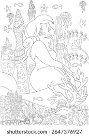 Delightful monochrome line drawing of a mermaid in her ocean home, featuring detailed marine life, ideal for coloring.