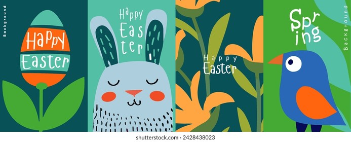 Encantadoras ilustraciones de arte naif vectoriales para Pascua, con un huevo estilizado, un conejo de contenido y un pájaro encantador, todo con un mensaje de 'Feliz Pascua' y 'Primavera'.