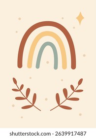 Delightful nursery wall art with a vibrant rainbow with soft colors and elegant leaves. It adds a cheerful touch to children's spaces, inspiring imagination and joy.