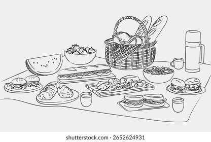 Delícia piquenique ao ar livre espalhado, comida de piquenique esboço desenho. Ilustração da arte da linha de Summetime. A cena apresenta uma cesta de piquenique clássica, comidas e bebidas no cobertor de piquenique