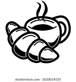 A delightful pairing of a steaming cup of coffee or tea with a freshly baked croissant, perfect for breakfast or a cozy break.