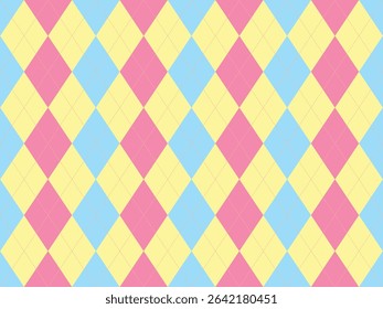 Delightful pastel argyle pattern in pink, yellow, and blue.  Perfect for backgrounds, textiles, or playful branding.  This cheerful design evokes feelings of happiness and nostalgia.