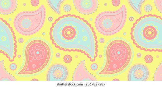 Delightful pastel paisley pattern  Perfect for textile design, stationery, or whimsical backgrounds.  Soft, feminine colors and intricate details create a charming aesthetic.