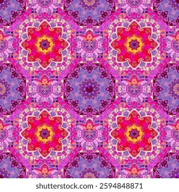 Delightful pattern with blue and crimson mandalas on a multicolor lace background in vector.