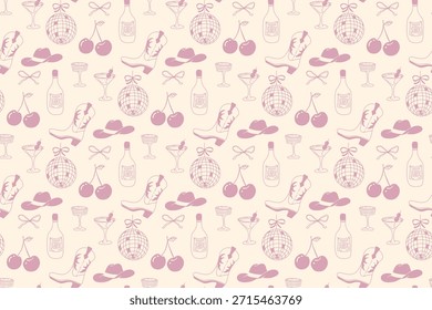 Un patrón encantador que combina botas, corazones y destellos en una paleta rosa suave, capturando el espíritu del caprichoso encanto occidental.