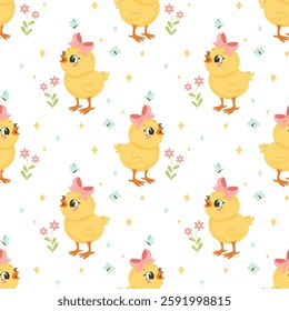  A delightful pattern with cute baby chicks, butterflies, and flowers. Perfect for children's clothing, holiday cards, and decorative elements.