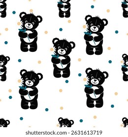 A delightful pattern featuring cute black teddy bears holding flowers, set against a light background with colorful dots. This cheerful design is perfect for children's products, textiles, and playful