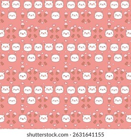 A delightful pattern featuring cute, smiling cats surrounded by playful hearts and fish on a soft coral background. This charming design is perfect for children's products, pet-themed items.