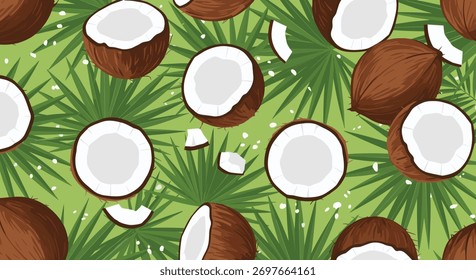 Um delicioso padrão com cocos frescos e folhas de palmeira verdes vibrantes.