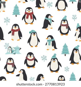 A delightful pattern featuring various cartoon penguins dressed in scarves and hats, set against a white background with snowflakes and small trees.