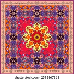 A delightful pattern with a mandala, stylized daisies and tulips on a bright crimson background for a carpet, scarf, pillowcase, tablecloth.