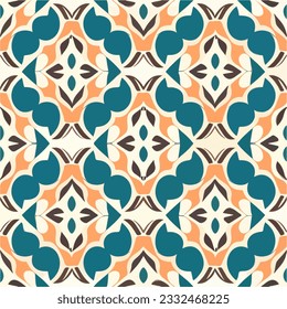 Delightful pattern in orange, blue, and brown on a white background, displaying an art deco inspired design that seamlessly repeats, adding elegance to any project.