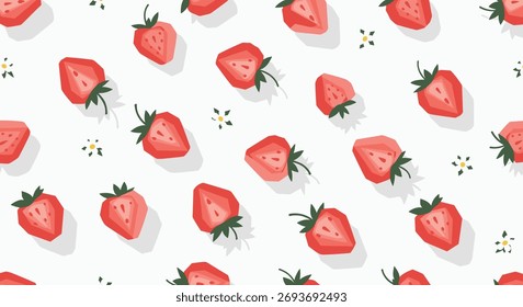 A delightful pattern of pixelated strawberries and tiny white flowers on a clean white background.