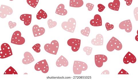 A delightful pattern of scattered red and pink hearts with white polka dots, featuring soft curves and playful shapes against a clean white background, perfect for romantic celebrations and