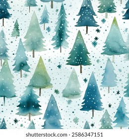 A delightful pattern showcasing various evergreen trees adorned with soft snowflakes, capturing the essence of a tranquil winter landscape, seamless watercolor vector pattern