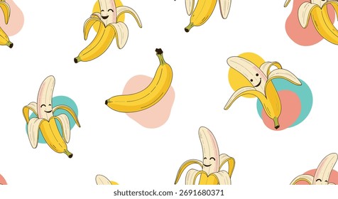 A delightful pattern of smiling bananas with abstract shapes for a cheerful aesthetic.
