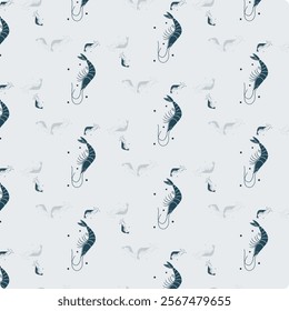 Delightful Pattern of Stylized Shrimp on Dark Blue Background