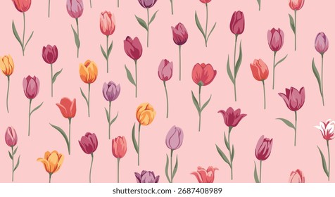 Um delicioso padrão de várias tulipas coloridas dispostas sobre um fundo rosa suave.
