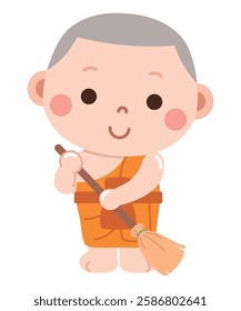  A delightful and peaceful cartoon illustration of a young novice monk dressed in traditional orange robes, holding a broom with a gentle smile