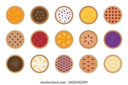 Delightful pie party vector icons featuring apple, blueberry, lemon and more