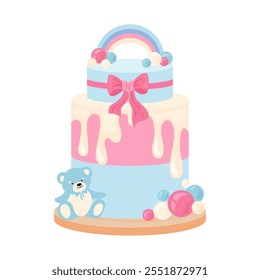 Delightful pink and blue cake with creamy layers, rainbow, bear and colorful bubbles on plate. Ideal for baby shower invitations, cards and party decor Festive vector design for celebrations, isolated