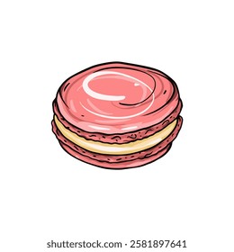 A delightful pink macaron, crafted with creamy filling, perfect for indulging in sweet treats and desserts