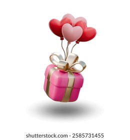 A delightful pink present adorned with a golden bow, accompanied by heart-shaped red and pink balloons.