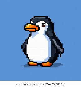 A delightful pixel art portrayal of a cute penguin with a bold orange beak and feet, standing confidently against a serene blue background. The retro-style pixel design gives this artwork a unique.