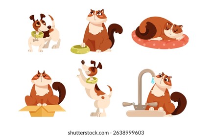 Delightful and playful illustrations of cats and dogs showcasing various adorable poses and scenes