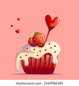 A delightful postcard featuring a Red Velvet cupcake topped with smooth white frosting, sweet heart decorations, and juicy strawberries. Perfect for romantic celebrations, Valentine's Day