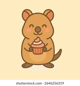 Quokka delicioso com um Cupcake, um quokka alegre, com um sorriso radiante, berço um cupcake recém-assado com antecipação alegre, definido contra um pano de fundo cremoso e convidativo.