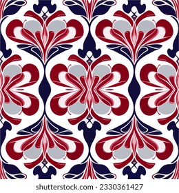 Delightful red, white, and blue floral pattern against a pristine white backdrop, featuring a paisley motif and an enchanting seamless design.