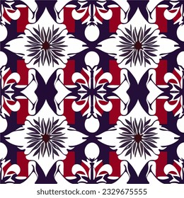 Delightful red, white, and blue flower pattern set against a white backdrop, exhibiting a symmetrical seamless design perfect for fabric or wallpaper.