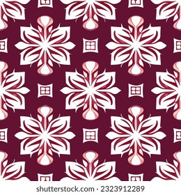 Delightful repeating fabric pattern featuring vibrant red and white flowers on bold red background. charming design, reminiscent of peppermint candy, adds touch of whimsy.