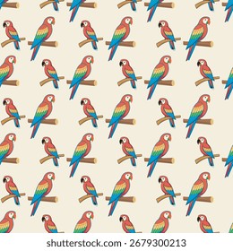 A delightful repeating pattern of colorful macaw parrots perched on branches creates a lively tropical atmosphere, perfect for vibrant decor.