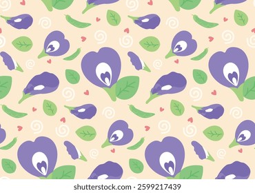 A delightful repeating pattern featuring Butterfly Pea, green leaves, and spirals on a light backdrop, evoking a playful and natural aesthetic.