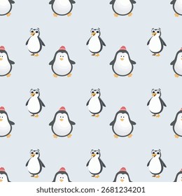 A delightful repeating pattern featuring charming, stylized penguins in a whimsical, playful design perfect for fabric and decor.