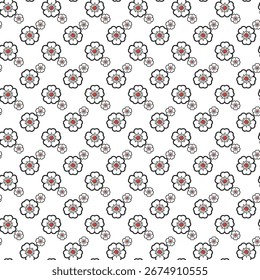 A delightful repeating pattern featuring delicate pink and red floral blossoms, perfect for fabric or wallpaper design.