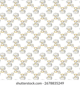 A delightful repeating pattern featuring numerous small, hand-drawn style cartoon cat faces with subtle variations in expression and outline.